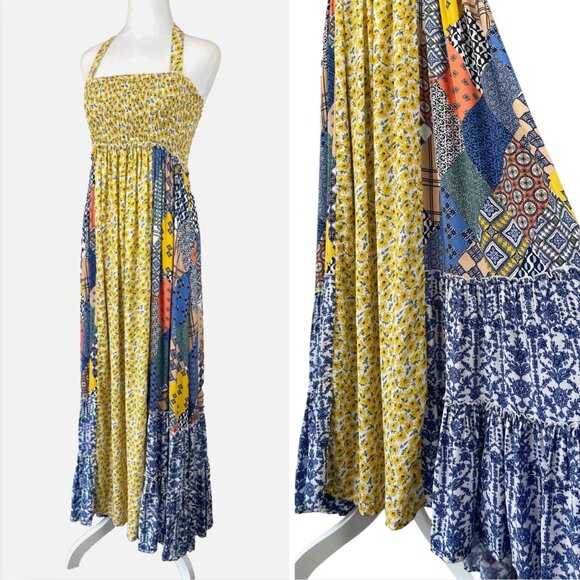 Easel Mixed Print Halter Maxi Dress Sz M Floral Patchwork Boho Hippie Festival - Picture 2 of 15